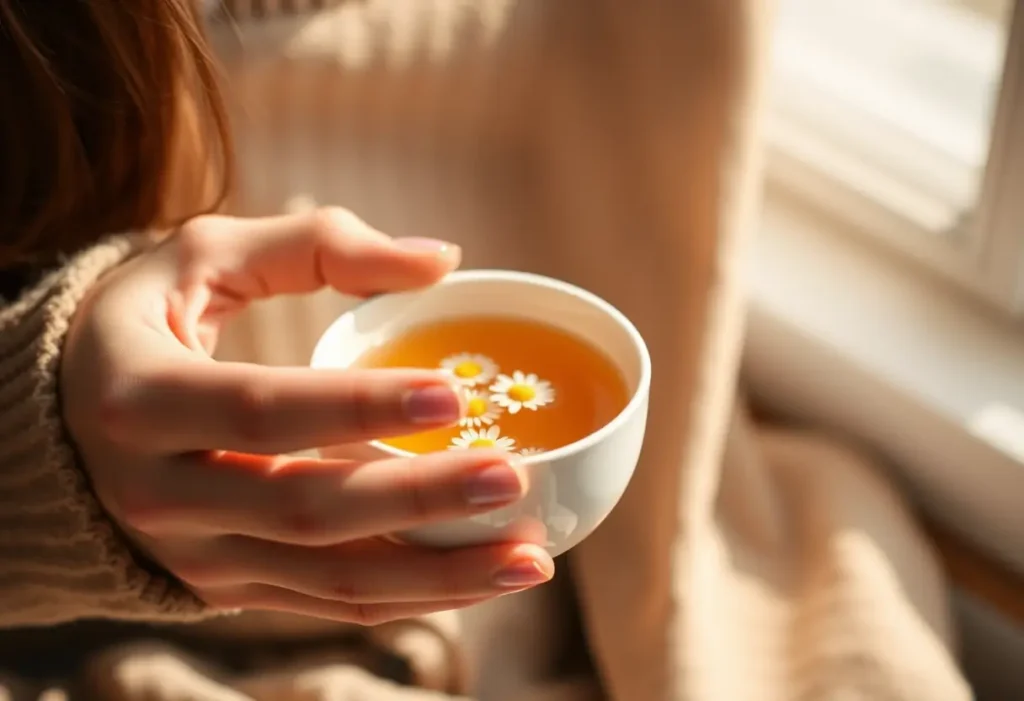 Une main féminine tenant une tasse de thé aux fleurs de camomille, apaisante