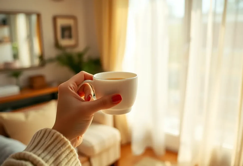 Une main tenant une tasse de thé aux fleurs de camomille dans un salon accueillant