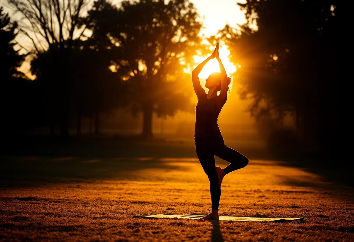Un profil d'une femme en train de faire du yoga au lever du soleil dans un parc