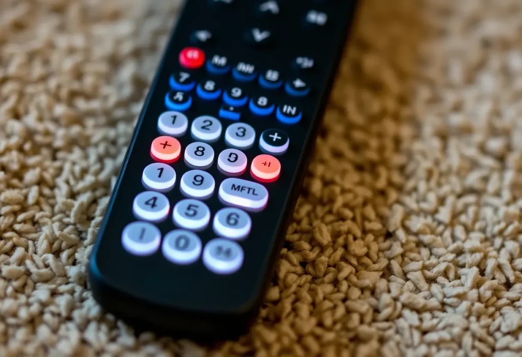 Prise de vue d’un télécommande plastique avec des boutons luminescents sur un tapis beige