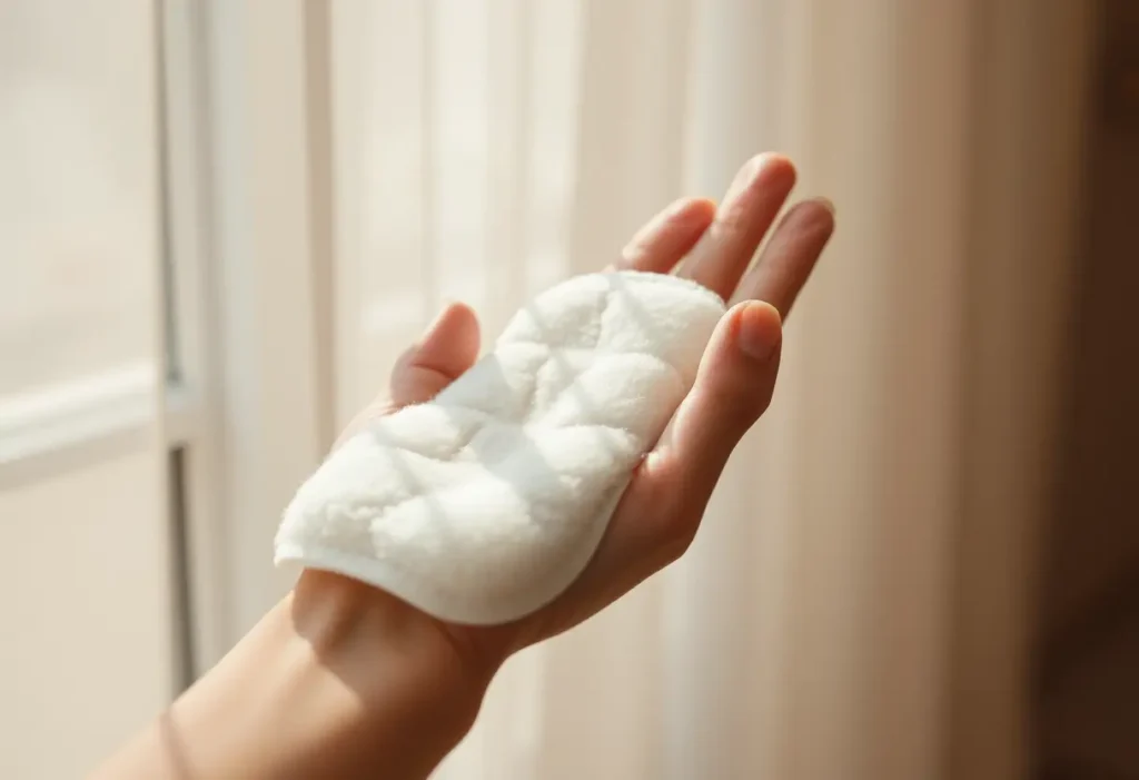 Main: Une main féminine tient délicatement un tampon en coton.