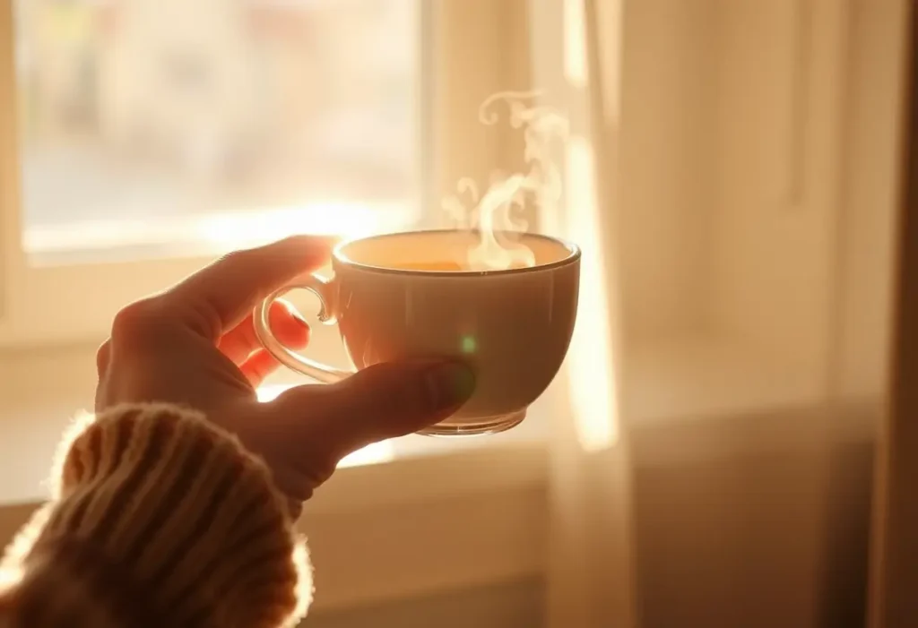 Une main tenant une tasse de thé chaud, éclairée par la lumière du soleil, dans le contexte de l'endométriose.