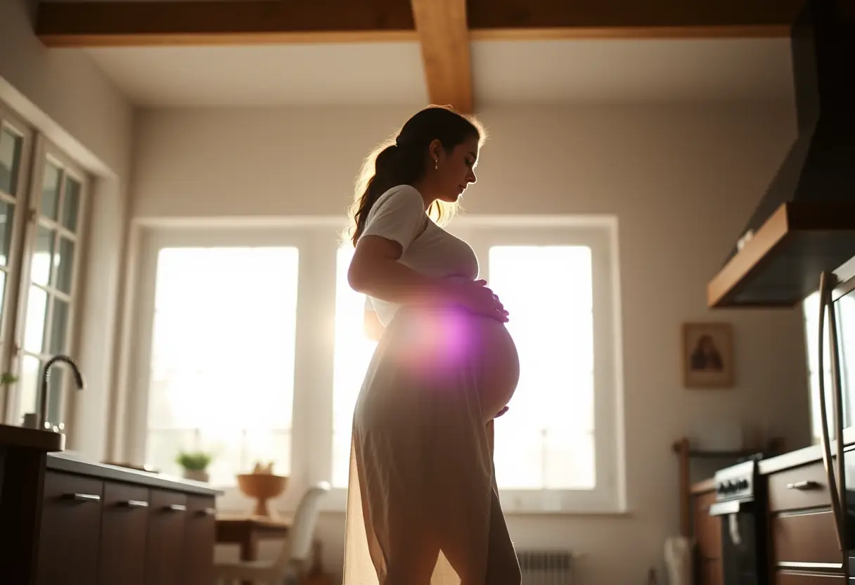 Un profil d'une femme portant une robe ample, dans une cuisine baignée de lumière naturelle, abordant le thème de l'endométriose.