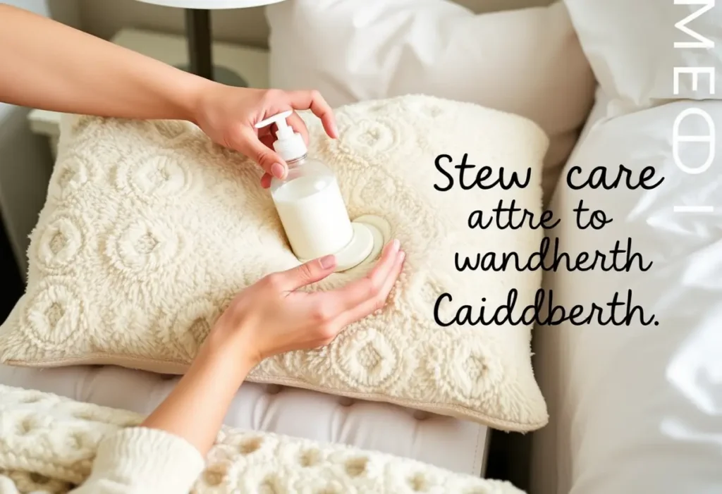 Une main applique une lotion apaisante sur un coussin moelleux dans une chambre confortable.
