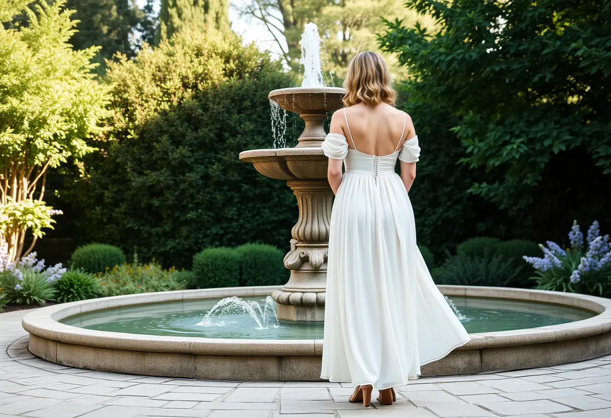 Une silhouette se tient près d'un grand bassin en pierre dans un jardin apaisant, symbole de renouvellement pour le corps post-partum.