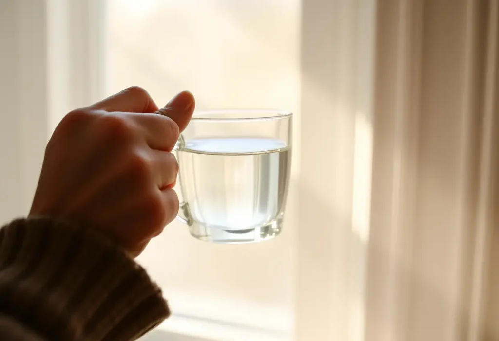 Une main tenant une tasse d'eau dans la lumière du soleil, symbolisant le bien-être après la grossesse.