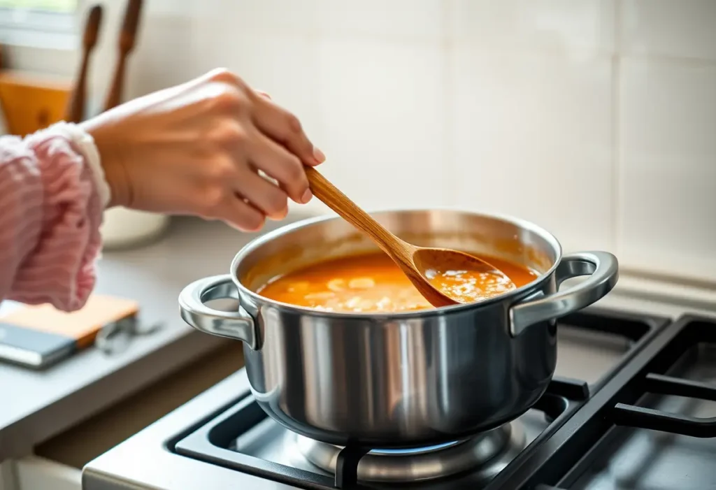 Une main féminine tient une cuillère en bois dans une cuisine, symbolisant la récupération post-partum.