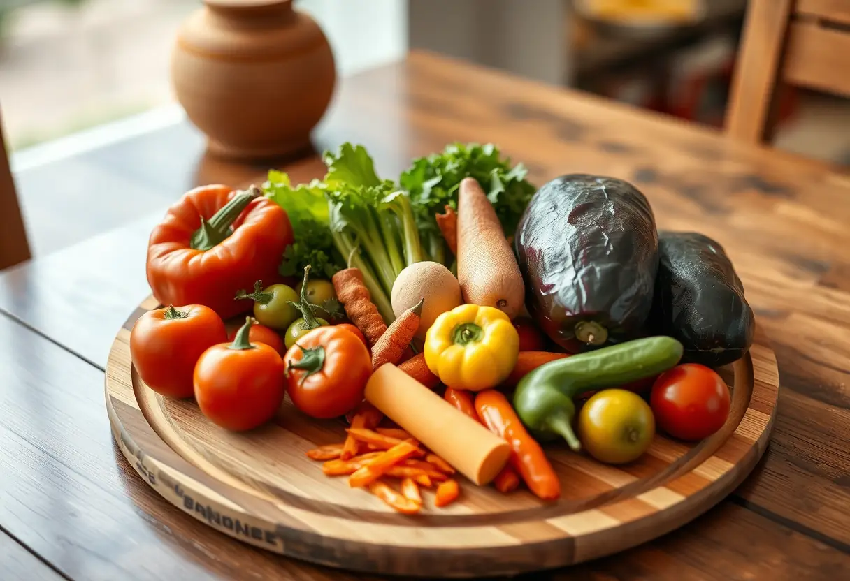 Un plan de travail en bois rempli de légumes frais sur une table, illustrant une alimentation équilibrée pendant la récupération post-partum.