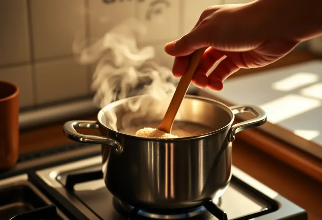 Une main tenant une cuillère en bois au-dessus d'une marmite chauffant, illustrant la récupération d'énergie après l'accouchement