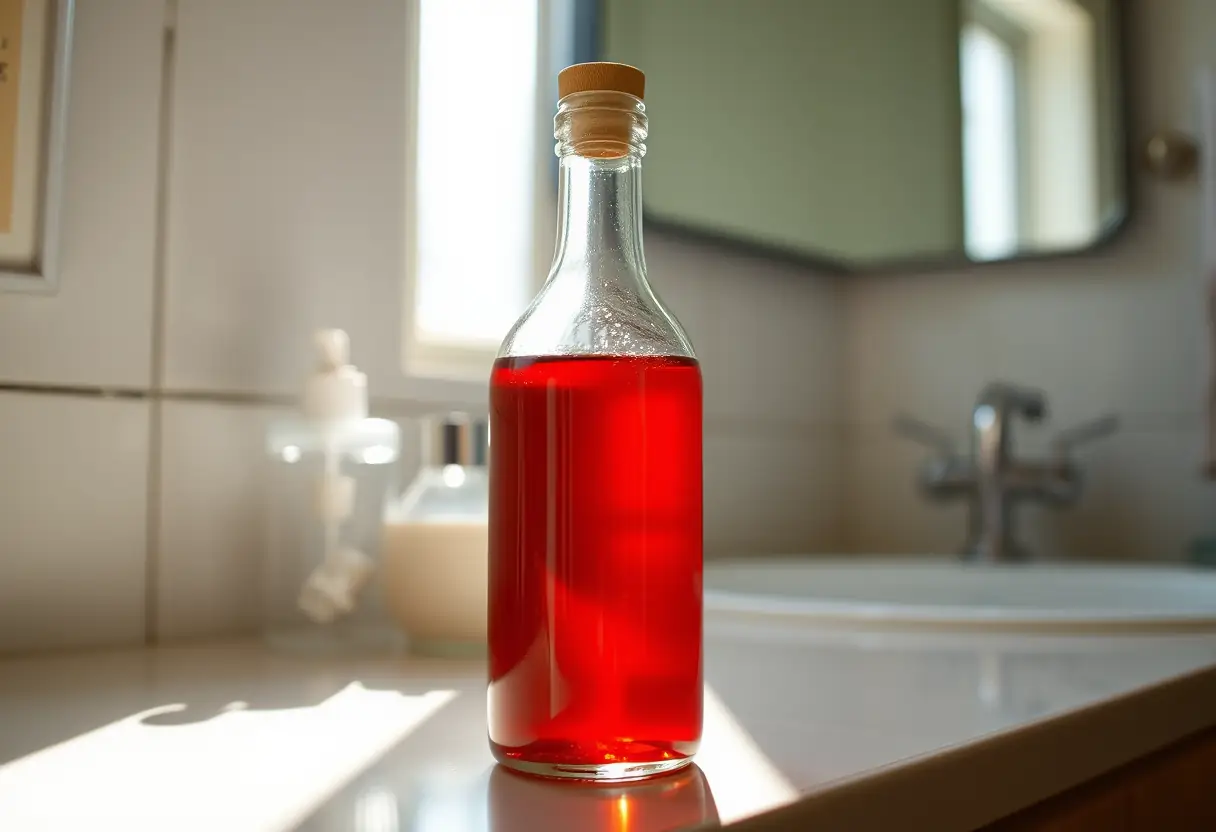 Une bouteille en verre pleine de liquide rouge sur un meuble de salle de bains, évoquant la prise de compléments vitaminiques après l'accouchement