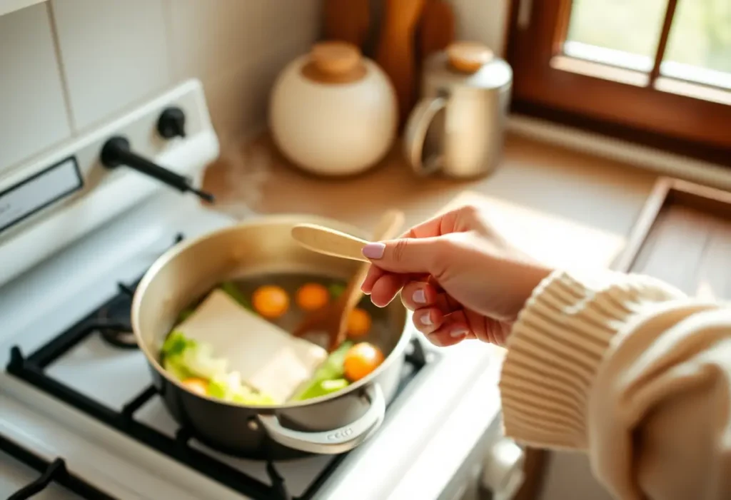 Une main féminine mélange des légumes cuits, symbolisant la récupération et le réchauffement après l'accouchement