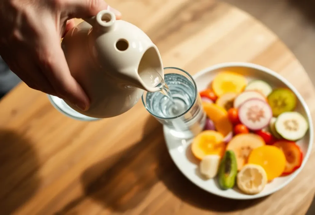 Une main verse de l'eau dans un verre, près d'un plateau de fruits et légumes frais.