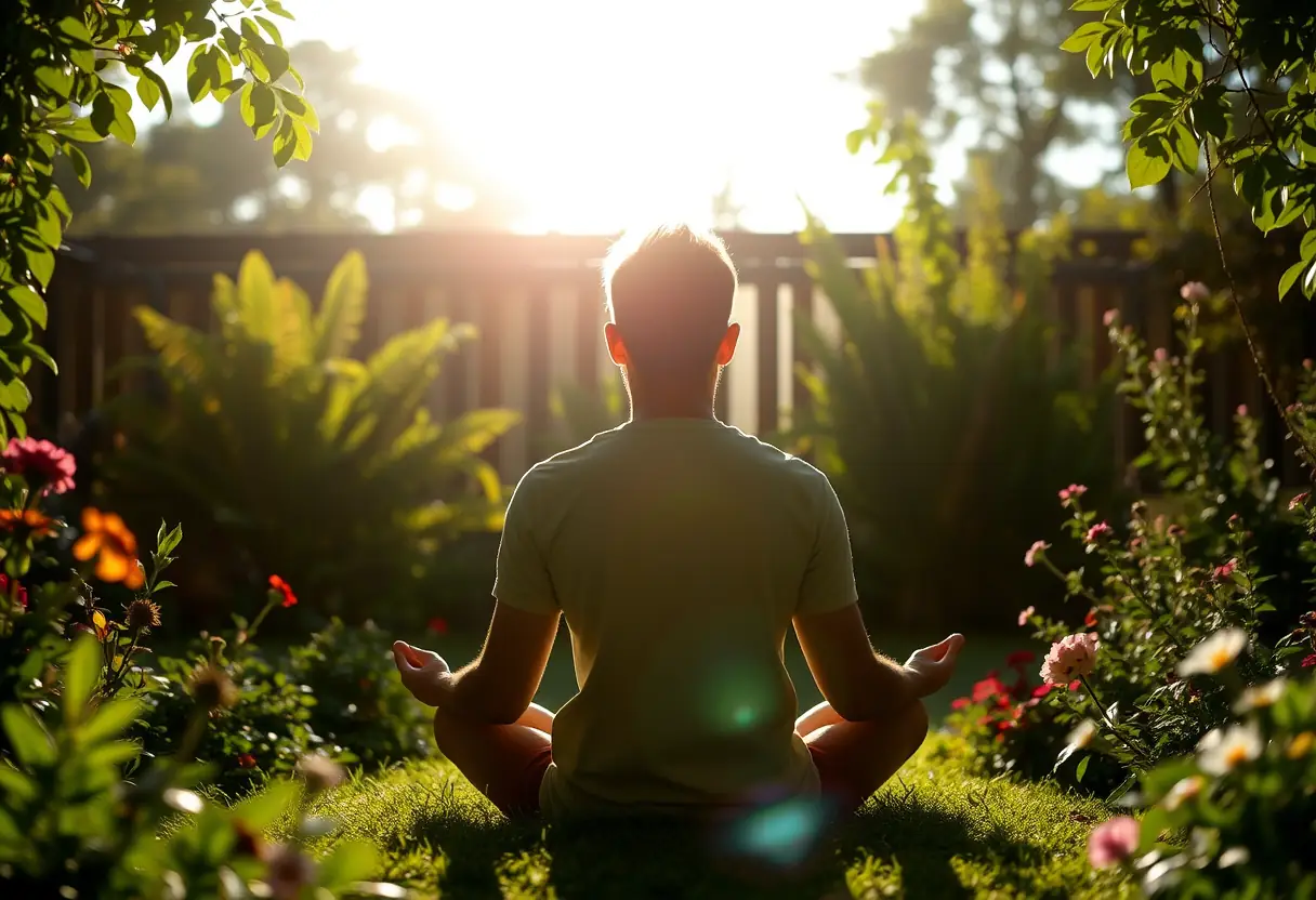 Un silhouetté médite dans un jardin ensoleillé, entouré de verdure et de fleurs.