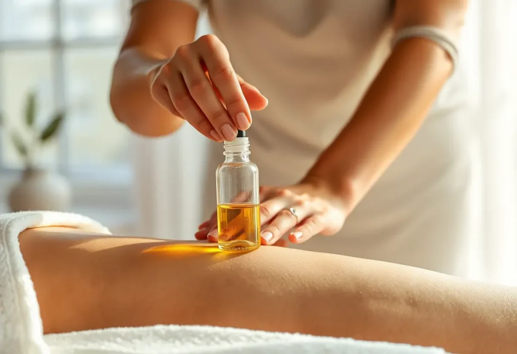 Une main féminine masse délicatement une zone périnéale avec une petite bouteille en verre contenant des huiles biologiques.