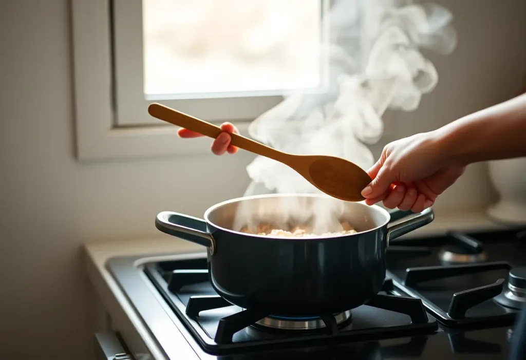 Une main féminine tient une cuillère en bois au-dessus d'une marmite chaude, symbolisant le confort et la sérénité