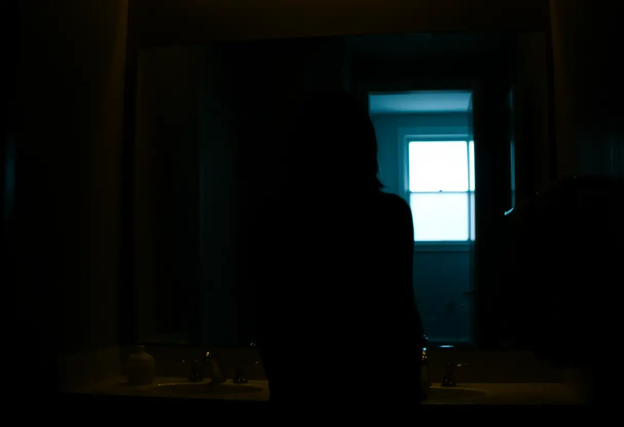 Un profil flou d'une femme devant un miroir, illustrant l'introspection et la réflexion personnelle
