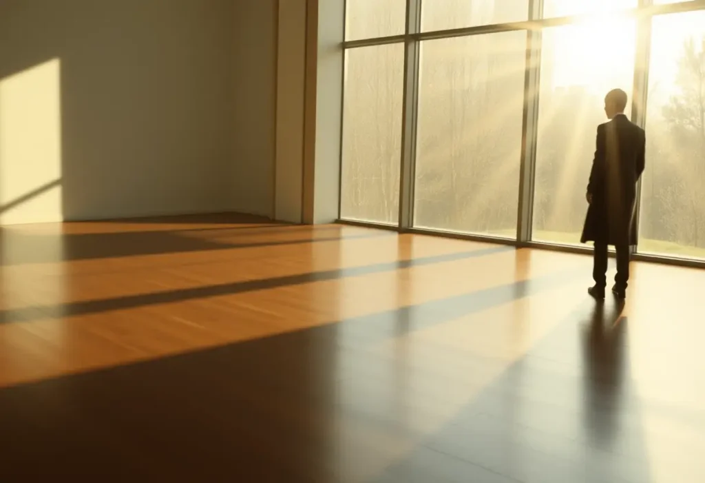 Silhouette de femme près d’une grande fenêtre, lumière du soleil qui entre et se reflète sur un sol en bois poli