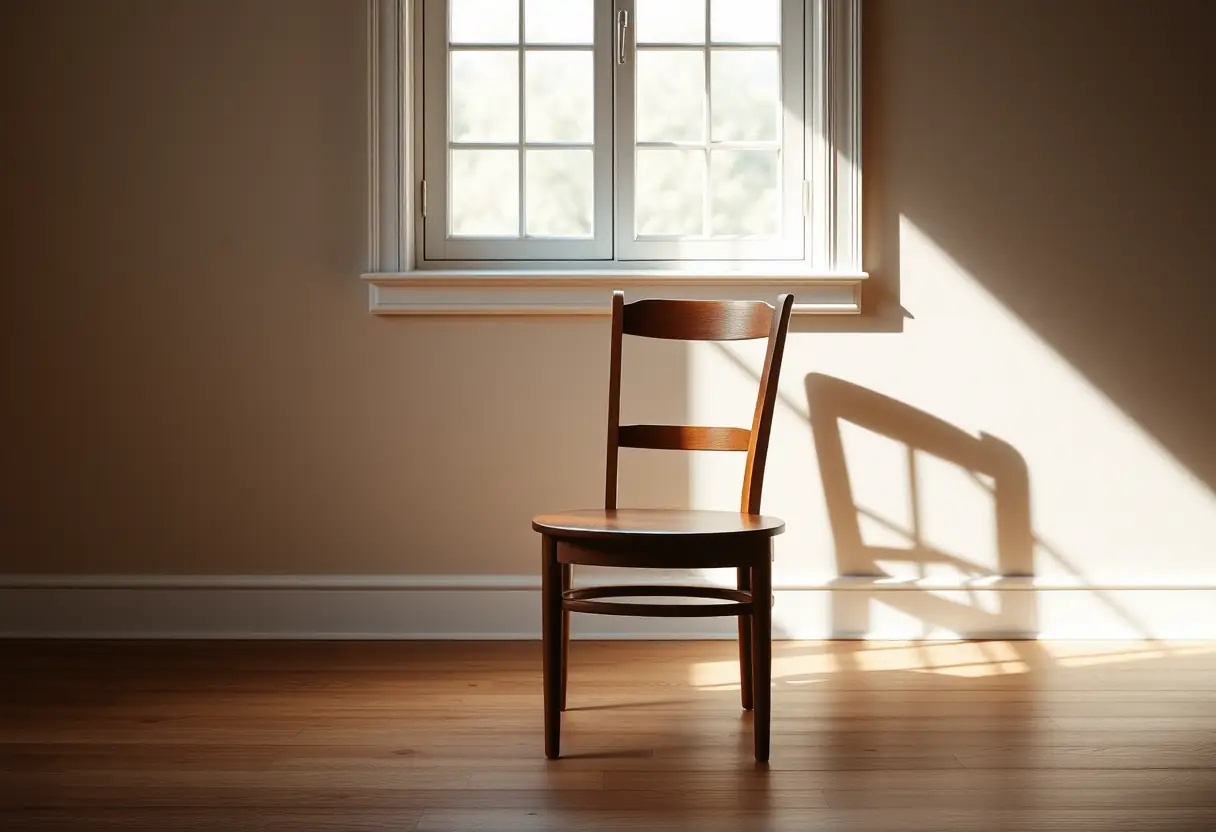 Chaise en bois seule au milieu d'une pièce, sa partie arrière légèrement inclinée vers une fenêtre, la lumière naturelle projette une ombre douce sur le mur
