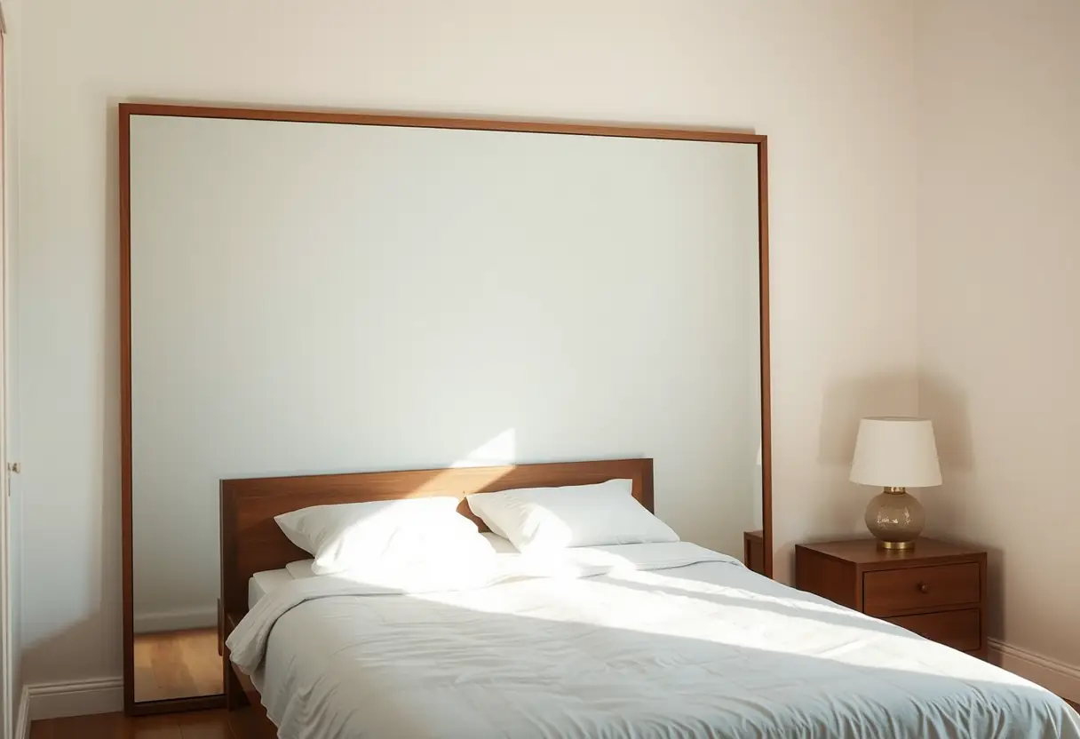 Miroir reflétant une chambre bien organisée, éclairée par une lampe de chevet, ambiance apaisante