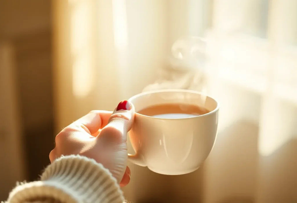 Une main tenant une tasse de thé chaud, symbole de soin personnel et d'acceptation.