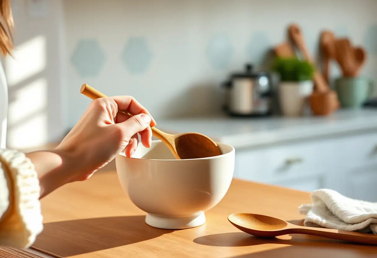 Une main féminine pose délicatement une cuillère en bois dans une casserole en céramique sur un plan de travail cuisine, éclairée par la lumière du matin