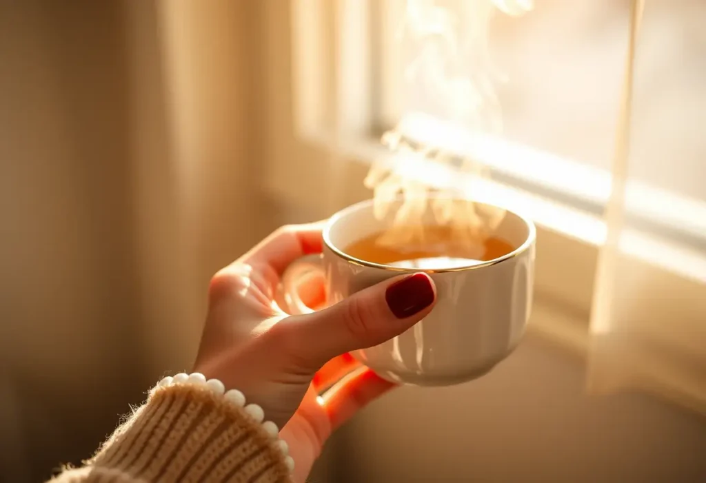 Une main féminine tient une tasse de thé chaud, symbolisant le bien-être et l'auto-soin.