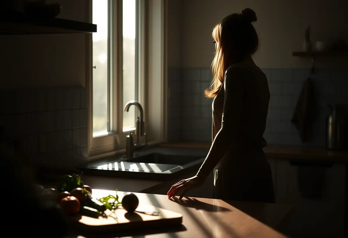 Une femme se tient dans sa cuisine, près d'un plan de travail garni de légumes frais, illustrant le soin apporté au corps.