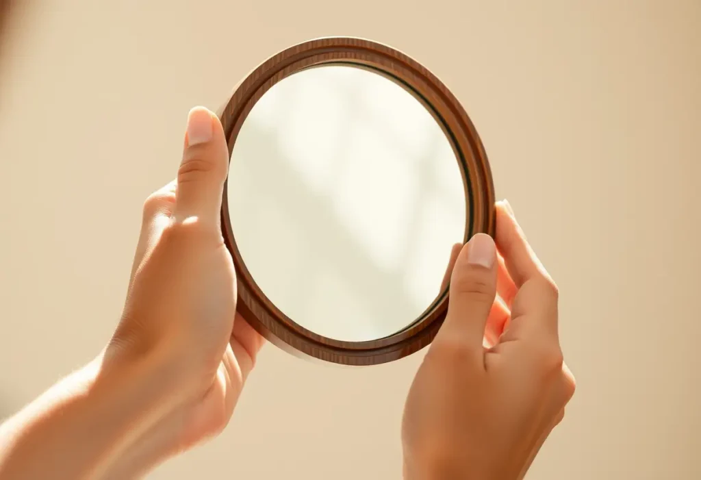 Une main féminine tient délicatement un petit miroir en bois, symbolisant la réflexion et l'acceptation de soi.