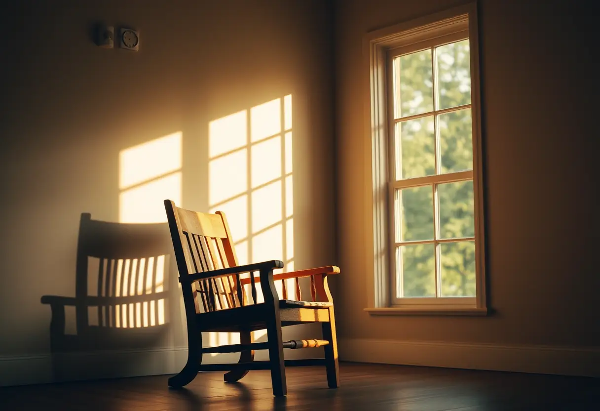 Un fauteuil en bois dans une pièce éclairée par la lumière du soleil, représentant le confort et la paix intérieure.