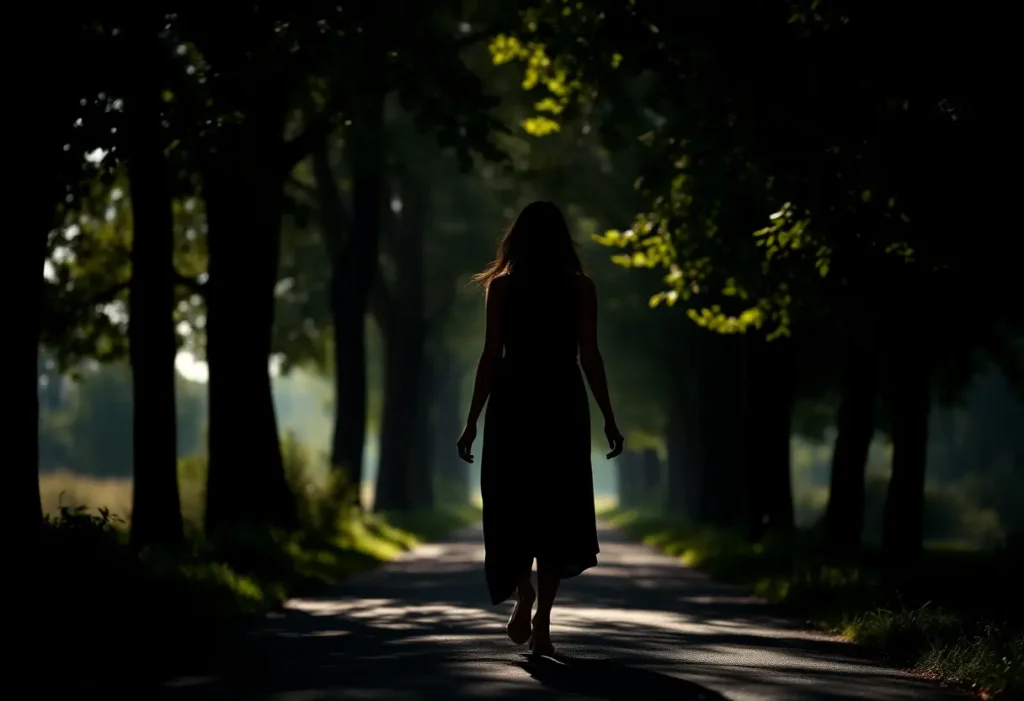 Une femme se promène sur un sentier ombragé par des arbres, la lumière du matin filtre à travers les feuilles