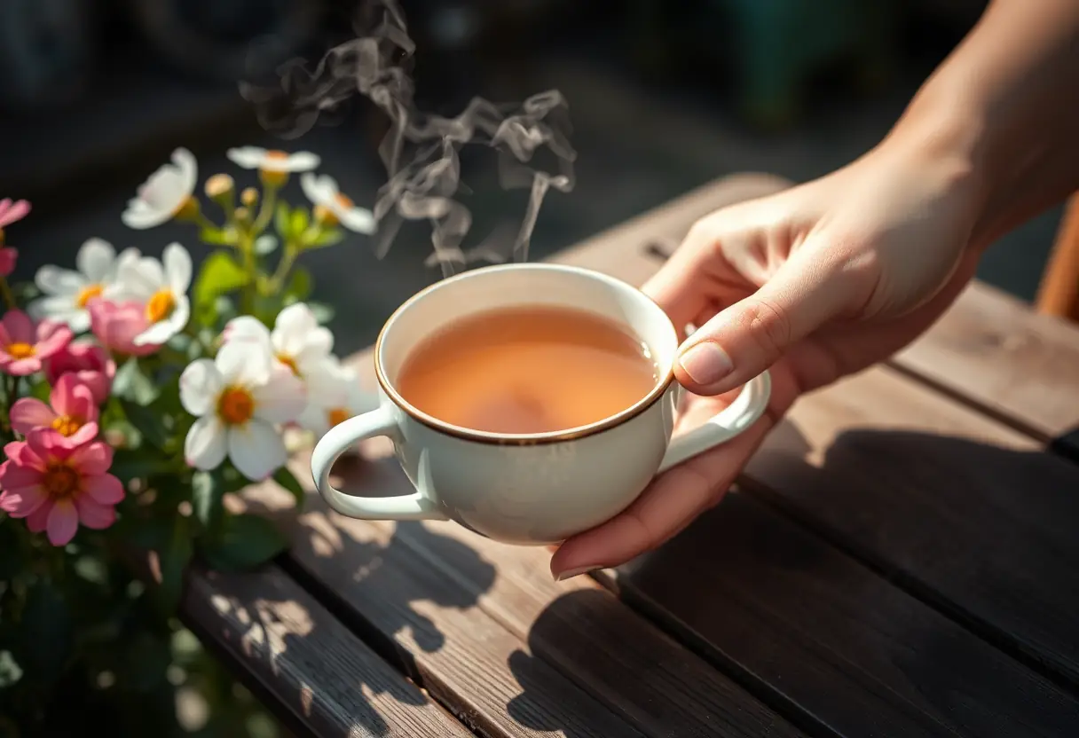 Une main tenant une tasse de thé aromatique posée sur une table en bois, entourée de fleurs en fleurissement