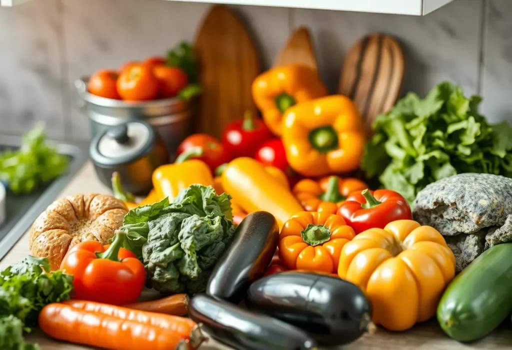 Assortiment de légumes colorés sur un plan de travail de cuisine