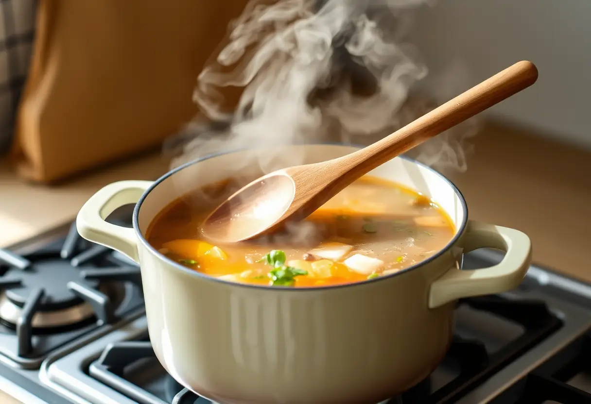Cuillère en bois qui remue délicatement une marmite de bouillon de légumes