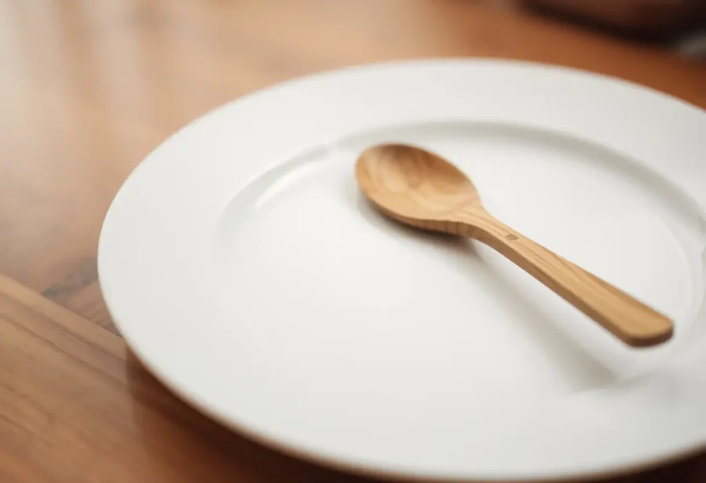 Une cuillère en bois posée sur une assiette blanche, symbole de la nourriture et du soin partagés lors des temps de repas