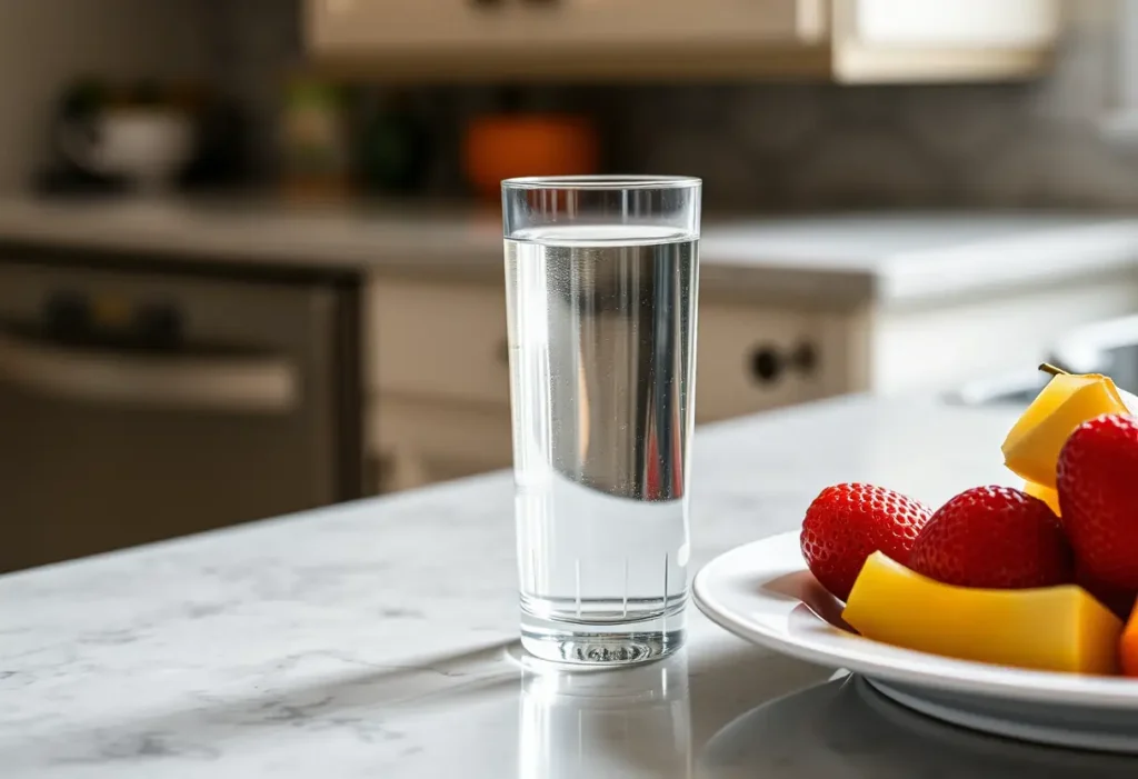 un verre d'eau et un plateau de fruits frais sur un plan de travail, illustrant l'importance de l'hydratation et de l'alimentation pendant l'allaitement