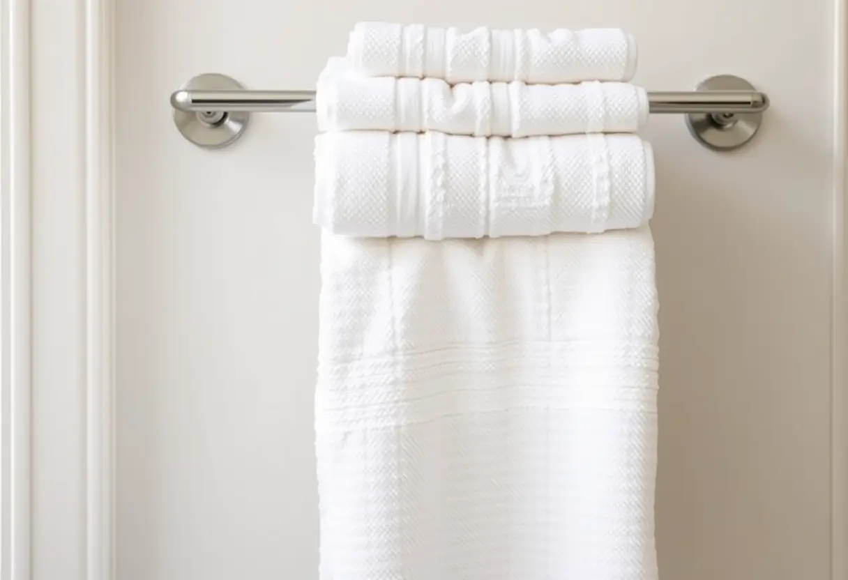 Des serviettes en coton blanc accrochées dans la salle de bains