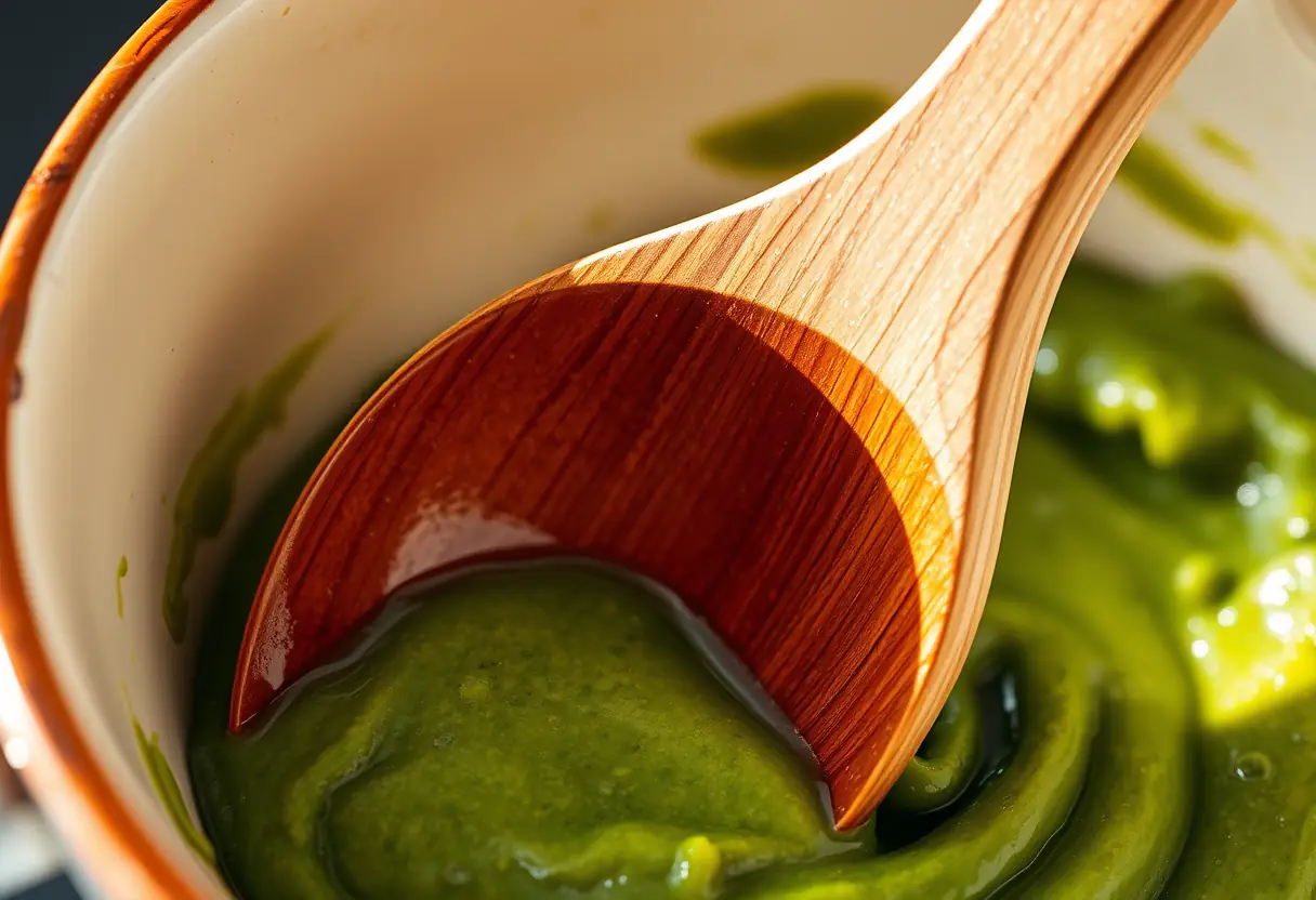 Une cuillère mélange une pâte verte, préparation naturelle, bien-être féminin