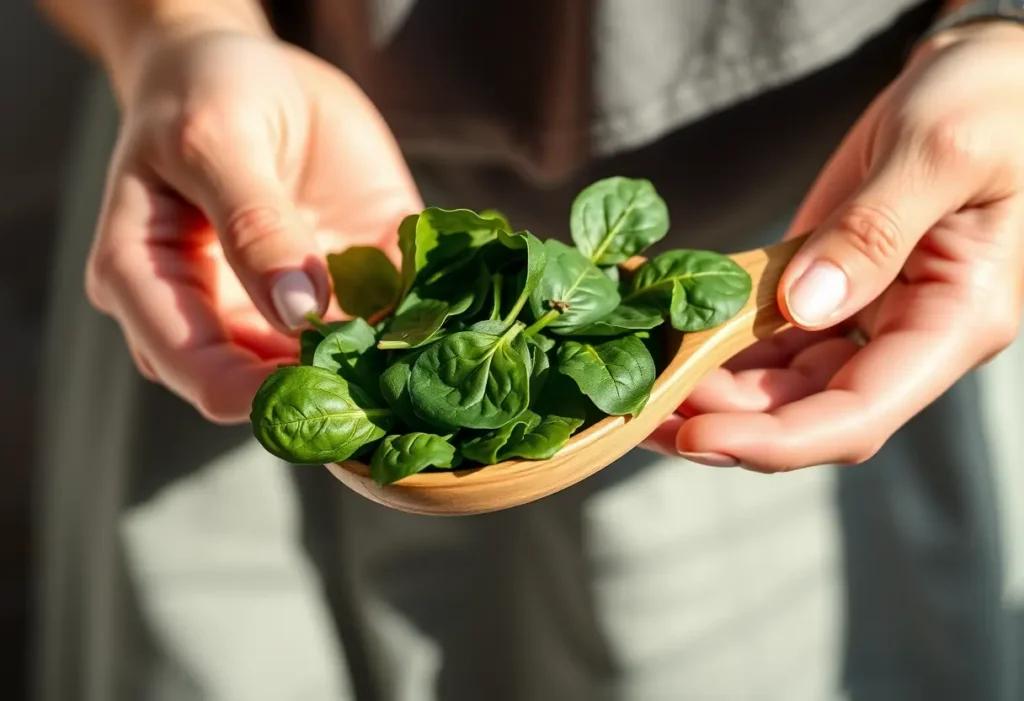 Une main féminine tient une cuillère en bois pleine de feuilles de betterave, rappelant les aliments riches en fer.