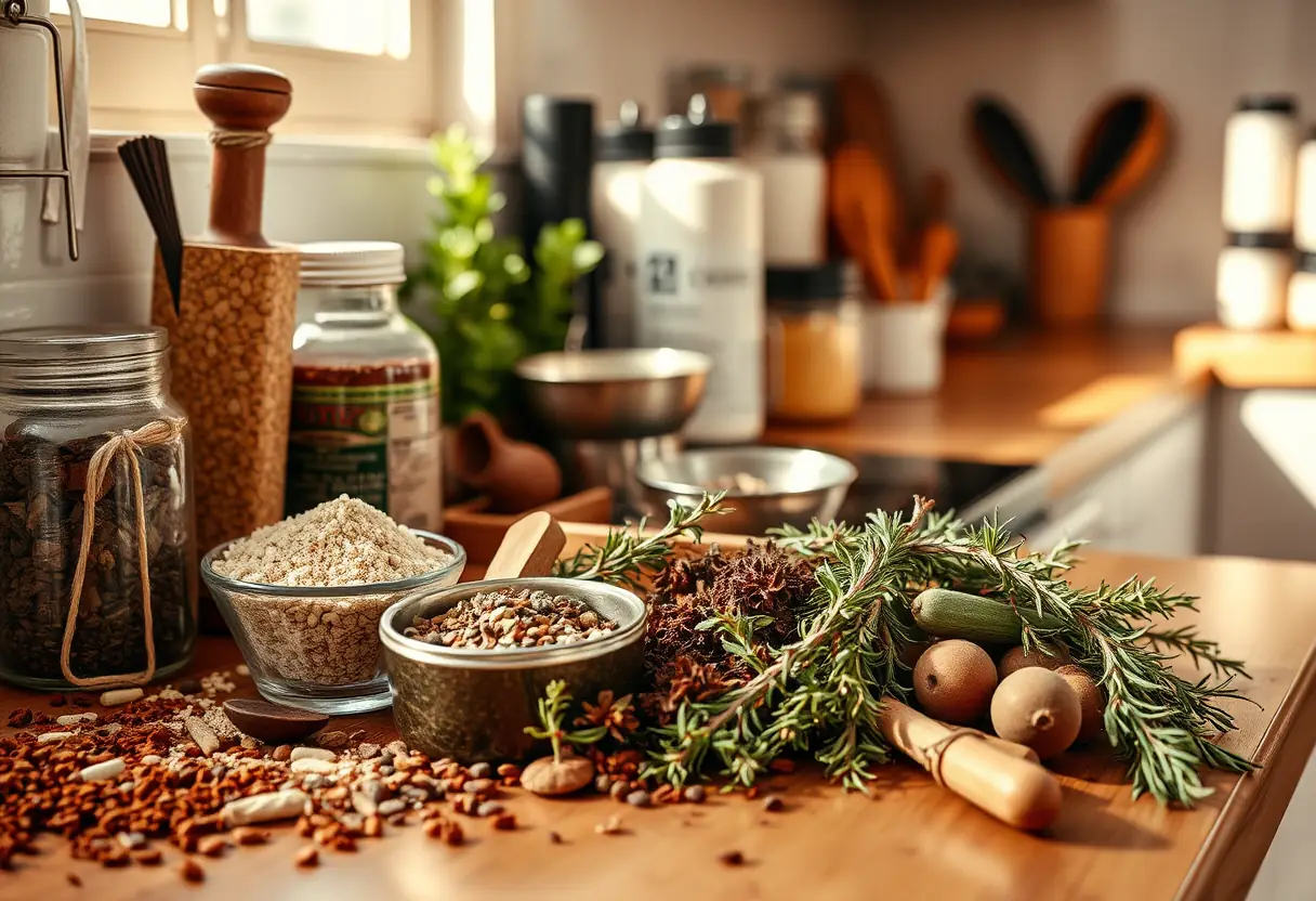 Un plan de travail de cuisine garni d'épices et d'herbes sèches, soulignant l'importance d'une alimentation équilibrée.