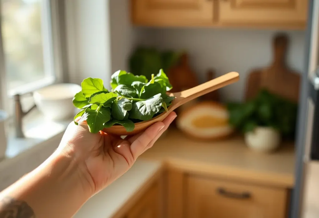 Une main féminine tenant une cuillère en bois pleine de feuilles de betterave, dans une cuisine accueillante, lumière naturelle éclairant les légumes vifs