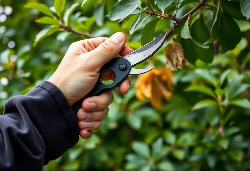 Main de jardinier tenant des cisailles dans un jardin verdoyant