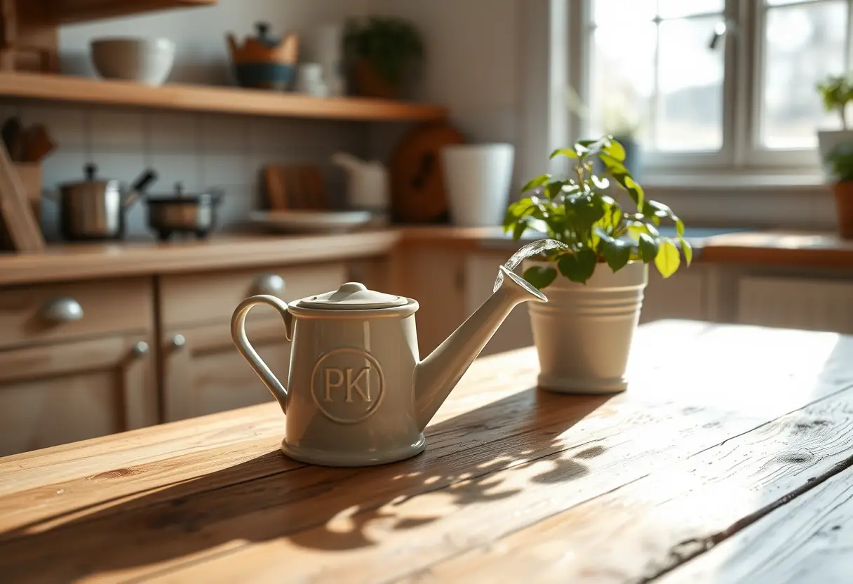Arrosoir en céramique posé sur une table en bois dans une cuisine lumineuse