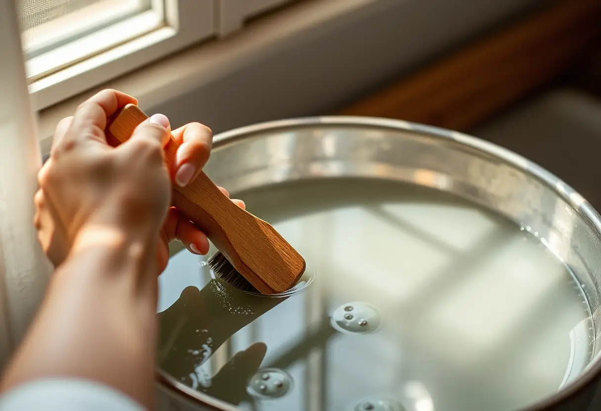 Une main féminine tenant un pinceau en bois près d'un bol métallique, symbole de purification.