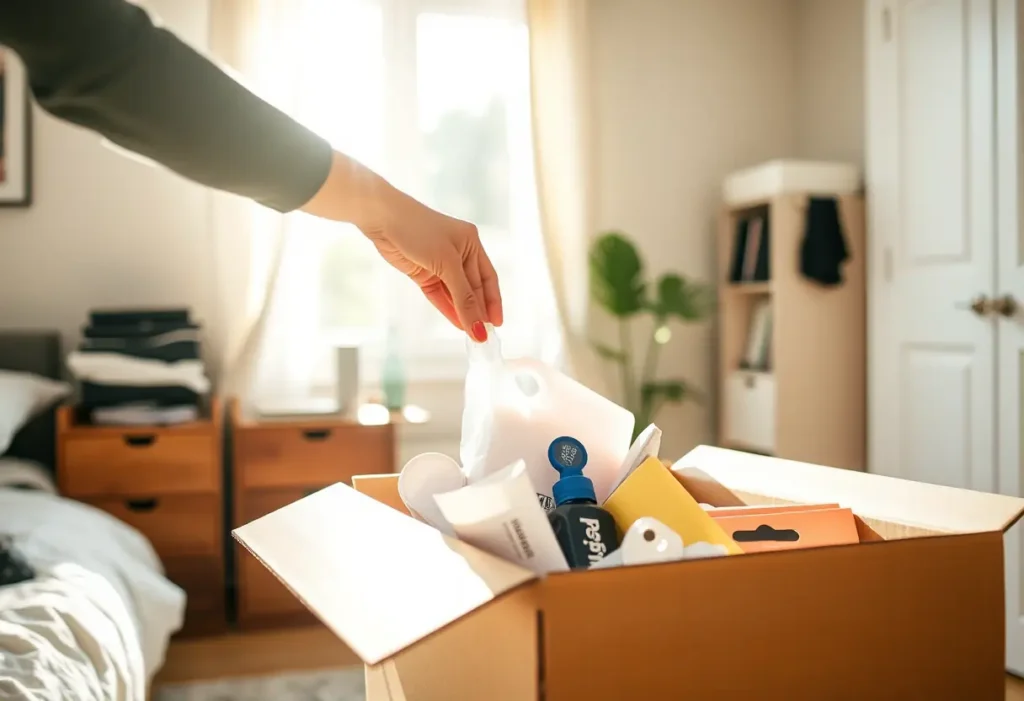 Une main organise des affaires dans une boîte en carton, symbolisant l'ordonnancement intérieur.