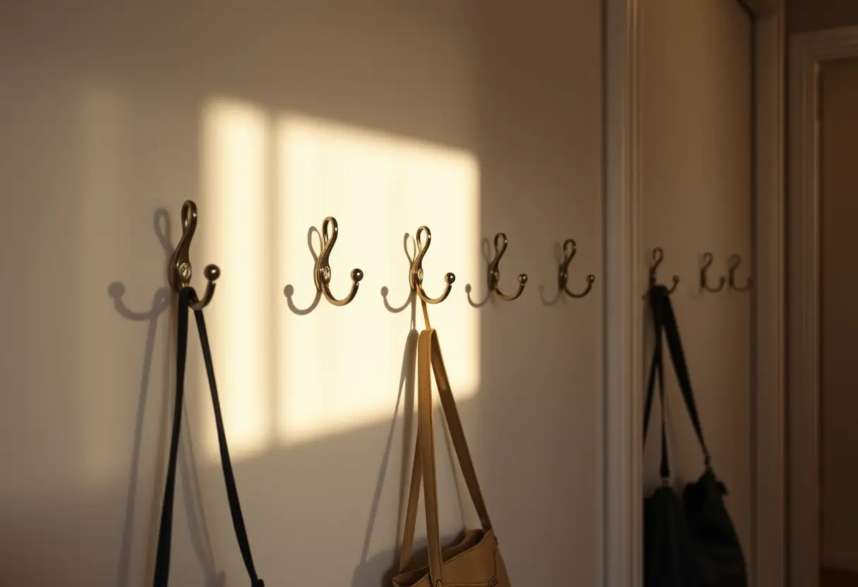 Des crochets métalliques accrochés au mur aident à contenir l'équipement personnel, favorisant un couloir ordonné et apaisant.