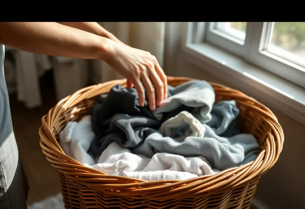 Une main féminine trie des vêtements pliés dans un panier en osier près d’une fenêtre.