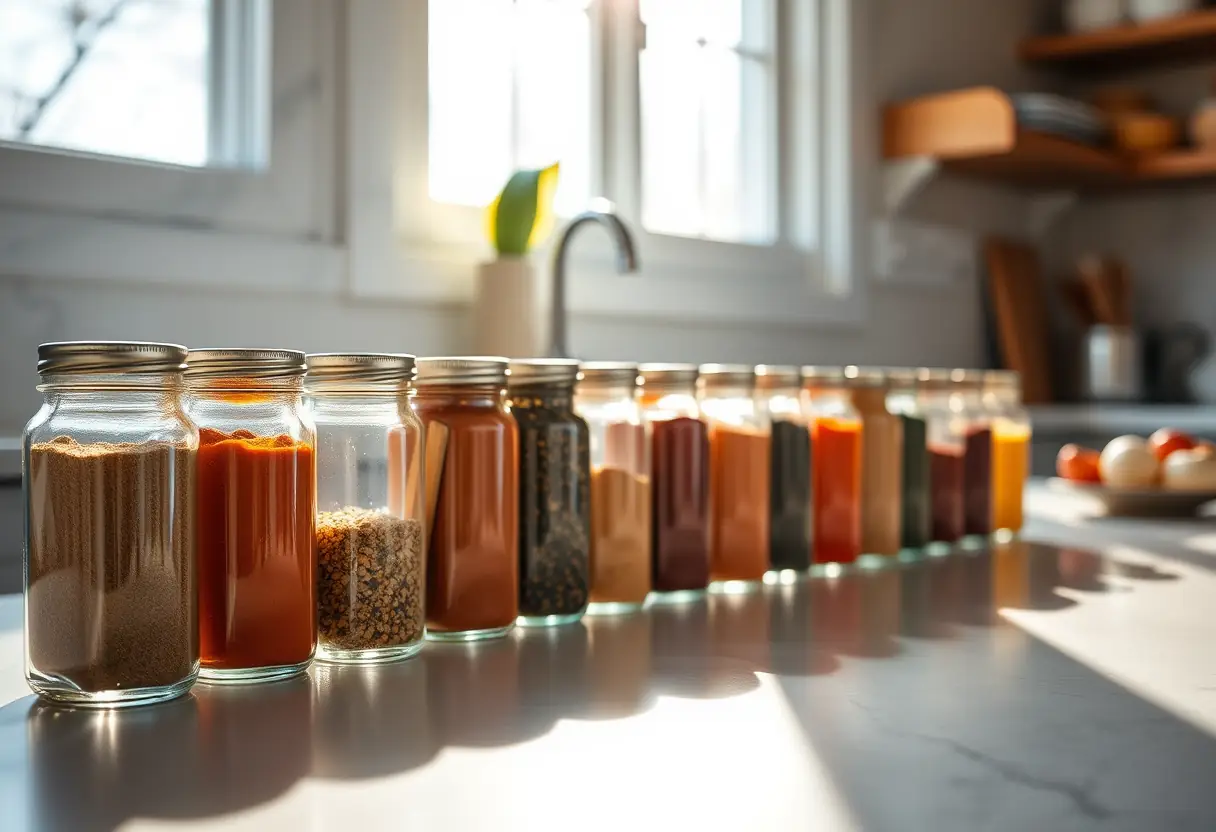Espace zen : des bocaux de condiments rangés en ordre sur un comptoir de cuisine.