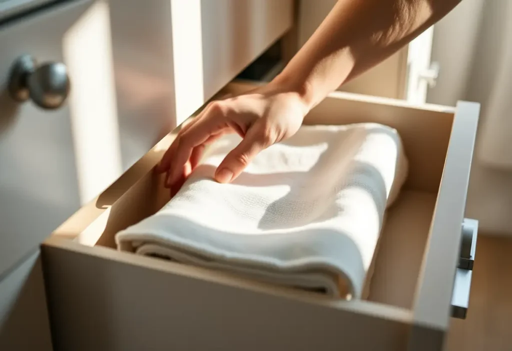Une main arrange délicatement un linge plié dans un tiroir, symbolisant l'organisation et la sérénité