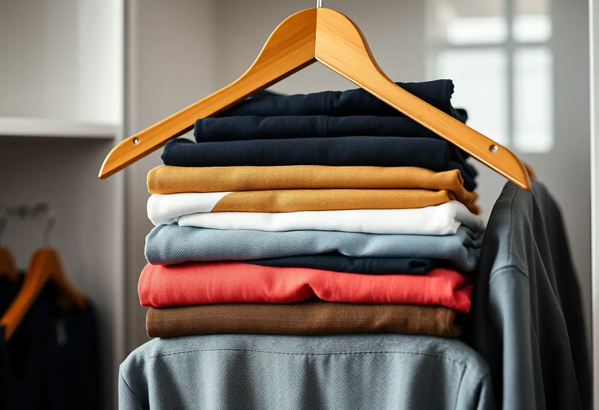 Un cintre en bois supporte des vêtements soigneusement pliés, représentant l'harmonie et l'organisation personnelle