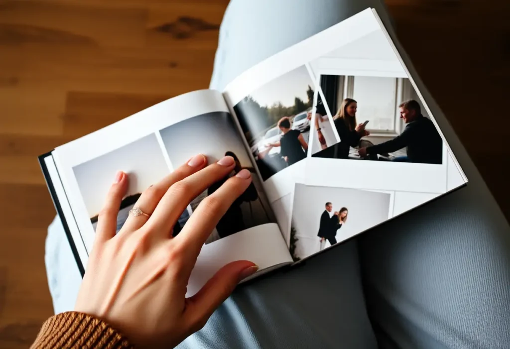 Une main tourne doucement les pages d'un album-photo rempli de photos instantanées